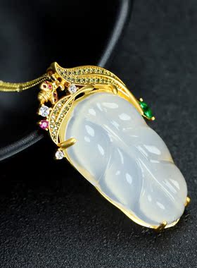 天然A货冰种白玉髓镀24k真金吊坠女款金枝玉叶玛瑙项链个性项链