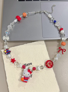 原创可爱卡通踏板kT串珠项链女小众设计感网红甜酷锁骨链配饰女