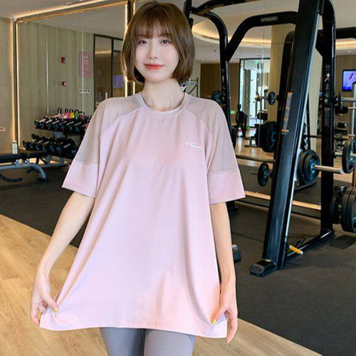 速干T恤大码健身服短袖瑜伽服夏薄款网纱运动上衣女宽松跑步罩衫 - 图2