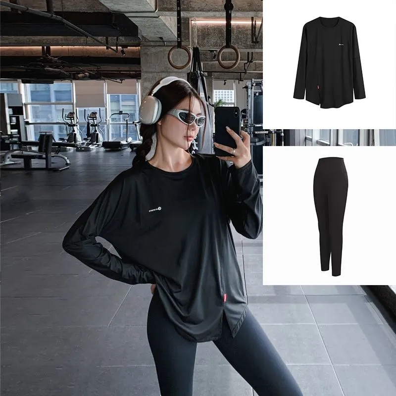 秋冬大码健身瑜伽服长袖宽松中长款遮臀显瘦瑜伽裤运动速干套装 - 图0