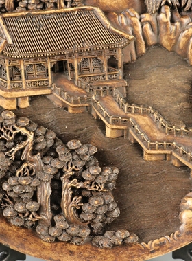 收藏复古雪花玉石北海濠濮间图盘子古玩玉器明清家居装饰摆件