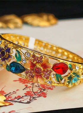 新式景泰蓝镯子合金镶钻开口手镯