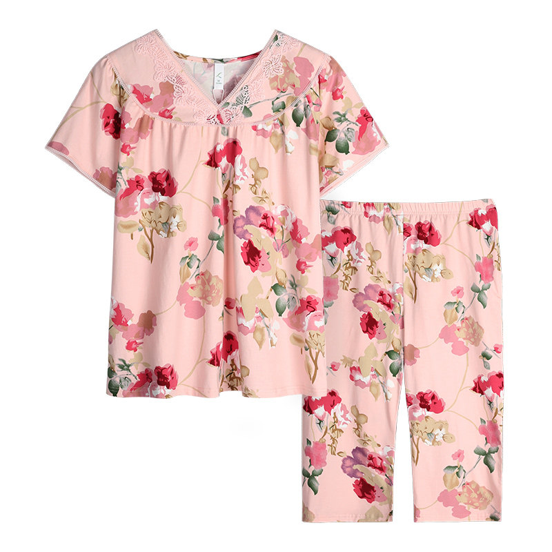 睡衣女士夏季莫代尔棉绸短袖七分裤套装薄款凉感加大码妈妈家居服,淘宝优惠券,粉丝福利购,淘宝优惠卷