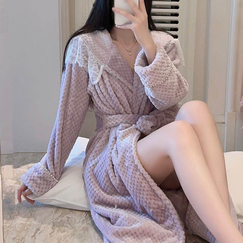 珊瑚绒睡袍女款冬季性感氛围感浴袍2024新款加绒加厚蕾丝长款睡衣,淘宝优惠券,粉丝福利购,淘宝优惠卷