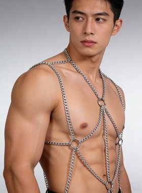 拍照写真夜店舞蹈性感套头运动健身肌肉潮流镂空流苏链条身体链男