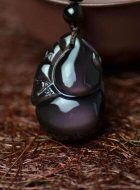 天然冰种黑曜石貔貅彩虹眼吊坠