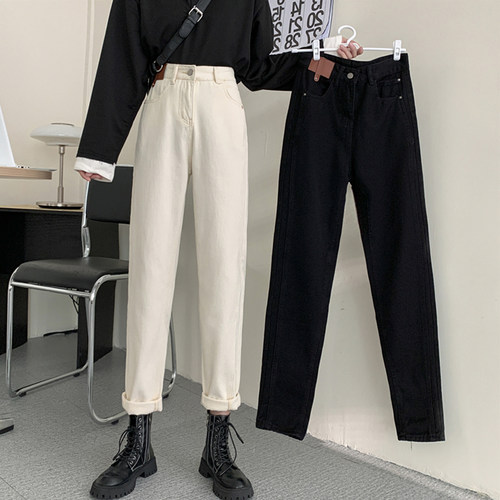 梨形身材裤子女胖妹妹大码秋冬加绒牛仔裤高腰显瘦烟管小脚裤直筒 - 图1