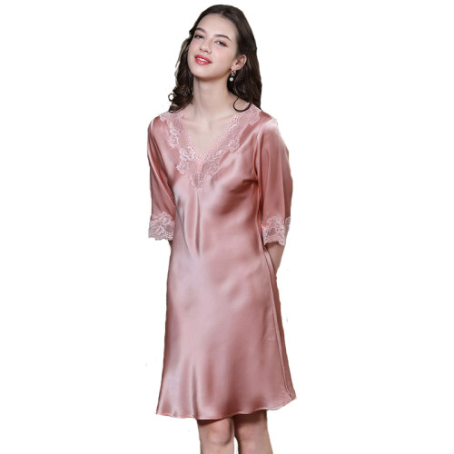 杭州丝绸高端商场专柜100%桑蚕丝真丝睡裙蕾丝丝绸短袖家居服粉色 - 图3