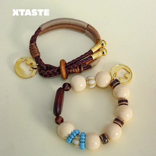 XTASTE Picnique小马画像硬币手工编织手链 象牙果木圆片设计原创 - 图0