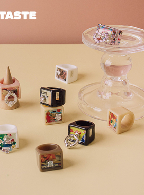 XTASTE TysGrocery 旧盒子印花树脂方形戒指穿搭个性时尚潮流创意