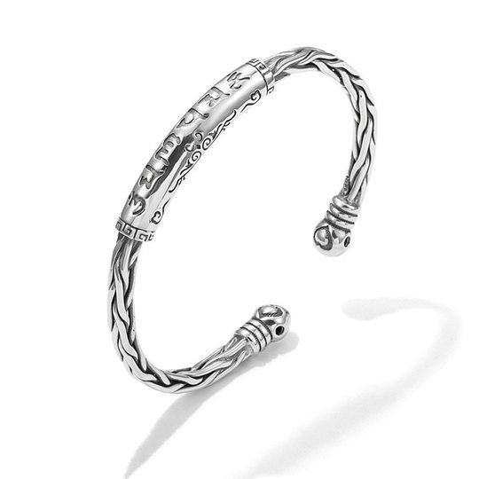 国潮S925银六字箴言手镯男女情侣复古时尚重工梵文手环麻花手饰品