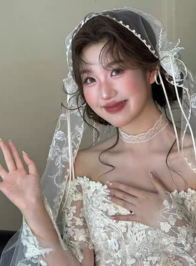 新娘结婚白色蕾丝花边订婚头纱超仙法式复古新娘高级感婚纱礼服配