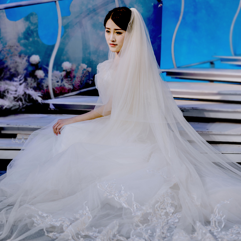 新娘韩式长款大拖尾头纱结婚主婚纱白色蕾丝长款头纱酒店婚礼 - 图3