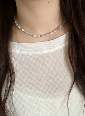 春夏清新粉蓝小众串珠项链气质百搭高级感锁骨链新款甜美颈链女生