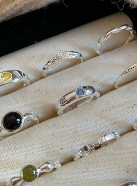 素圈海蓝宝彩色宝石s925纯银戒指女小众不掉色百搭开口指环手饰