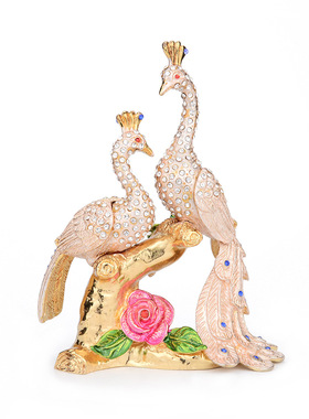 亚马逊热销珐琅彩镶钻白色孔雀首饰盒精致金属首饰盒独特家居摆件