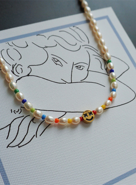 可爱笑脸彩色串珠天然珍珠女项链