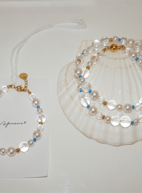 施家正圆强光珍珠白水晶个性手链