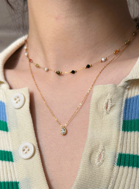 日系叠戴彩色天然石梨形闪钻项链