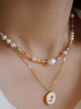 天然巴洛克珍珠高饱和撞色项链女