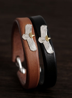 三沐高桥吾郎 菊地健铜头纯银迷你鹰日本枥木鞍革牛皮潮男女手环