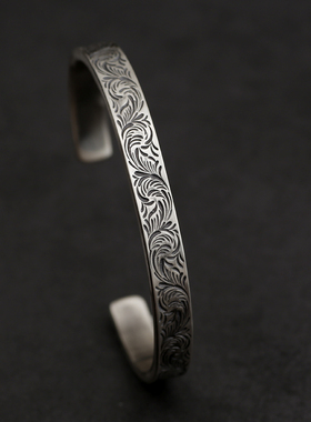手工唐草手镯925纯银复古