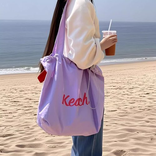 韩版新款字母印花包包女大容量尼龙单肩包休闲百搭便携抽绳托特包 - 图2