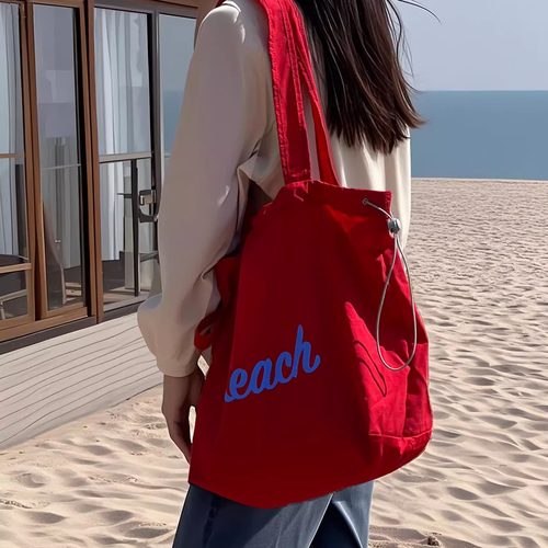 韩版新款字母印花包包女大容量尼龙单肩包休闲百搭便携抽绳托特包 - 图1