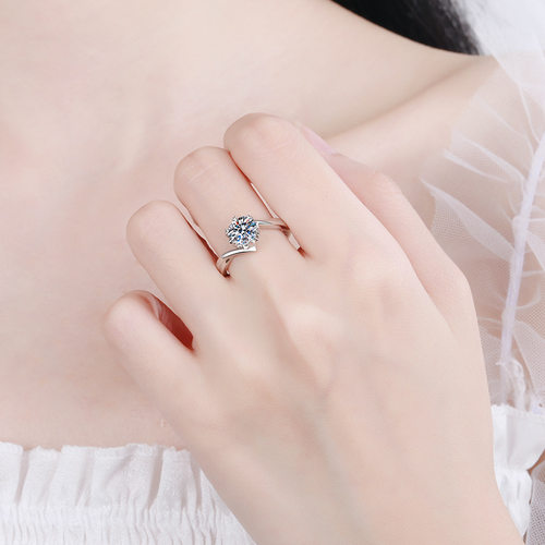 纯银莫桑石戒指雪花款镀18K白金仿真钻戒女指环饰品婚戒日韩时尚 - 图2