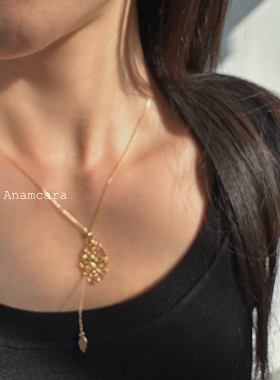 精工复古镂空树叶镶钻吊坠毛衣链