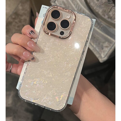 透白闪粉贝壳纹适用iPhone11苹果15手机壳16ProMax仙女14简约13/17promax防摔16高级感12金属镜框大孔保护套 - 图0