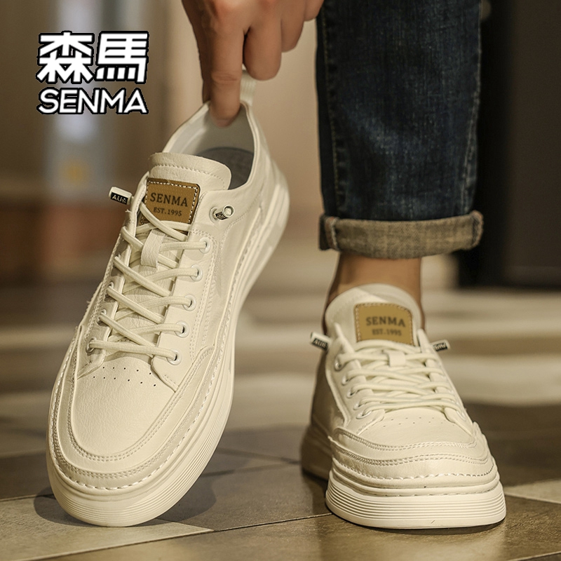 森马男鞋冬季2025新款百搭休闲运动板鞋男士一脚蹬皮面小白皮鞋W - 图1