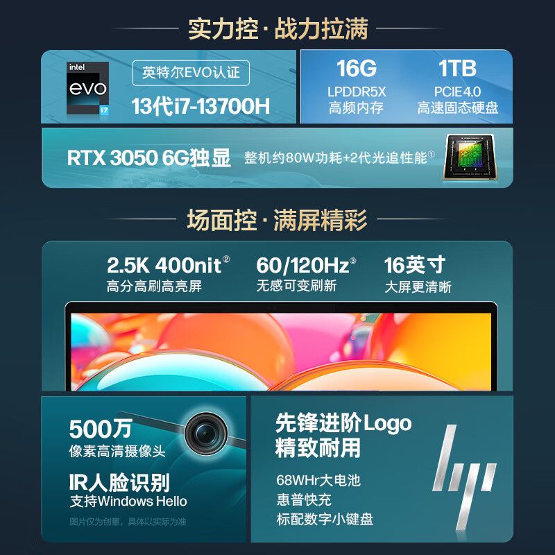 惠普HP星BookPro16轻薄笔记本电脑13代酷睿i7 RTX3050 2.5K 120Hz - 图0