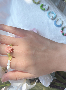 酒午原创串珠弹性玫瑰珍珠戒指