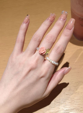 酒午玫瑰花淡水珍珠戒指原创设计