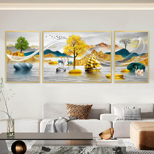 客厅装饰画沙发背景墙三联画轻奢自粘墙贴画现代中式山水贴纸壁画 - 图3
