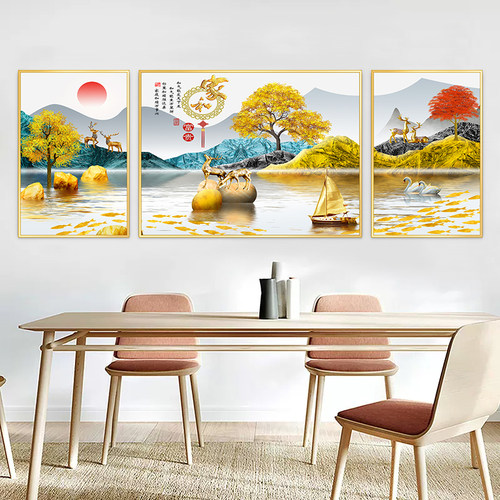 客厅装饰画沙发背景墙三联画轻奢自粘墙贴画现代中式山水贴纸壁画 - 图0