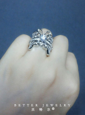 立体蝴蝶纯银组合刻字戒指定制