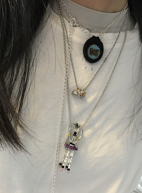 Amotional蝴蝶相框琉璃项链黑蓝原创小众设计叠戴礼物夏季