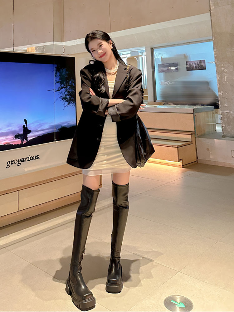 欧洲站方糖过膝靴女2023新款粗腿弹力真皮厚底长筒靴潮显瘦百搭 - 图2