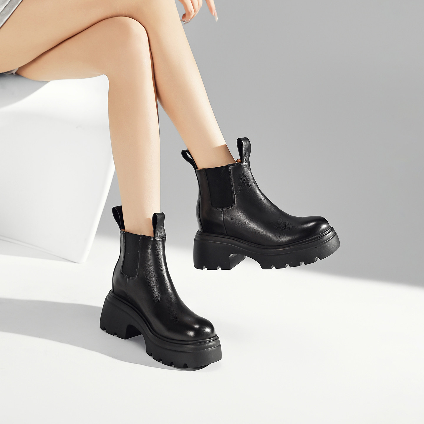 厚底增高8.5cm真皮切尔西短靴女小码313233显瘦踝靴英伦风马丁靴,淘宝优惠券,粉丝福利购,淘宝优惠卷