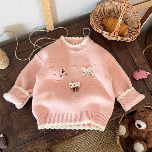 女童紫色毛衣一体绒加厚上衣冬季中小童保暖内搭女宝宝针织衫 - 图1