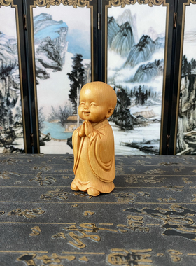 崖柏木雕小沙弥摆件复古禅意家居装饰手把件高8厘米