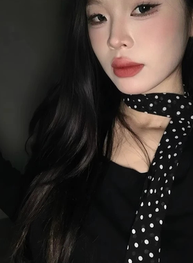 韩系黑色波点丝巾女2026新款女士高端丝巾搭配飘带脖饰护颈小围巾
