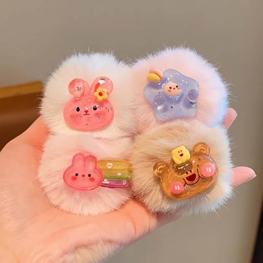 2025女童高弹毛绒球球发绳小女孩加粗不伤发暖绒绒卡通发圈