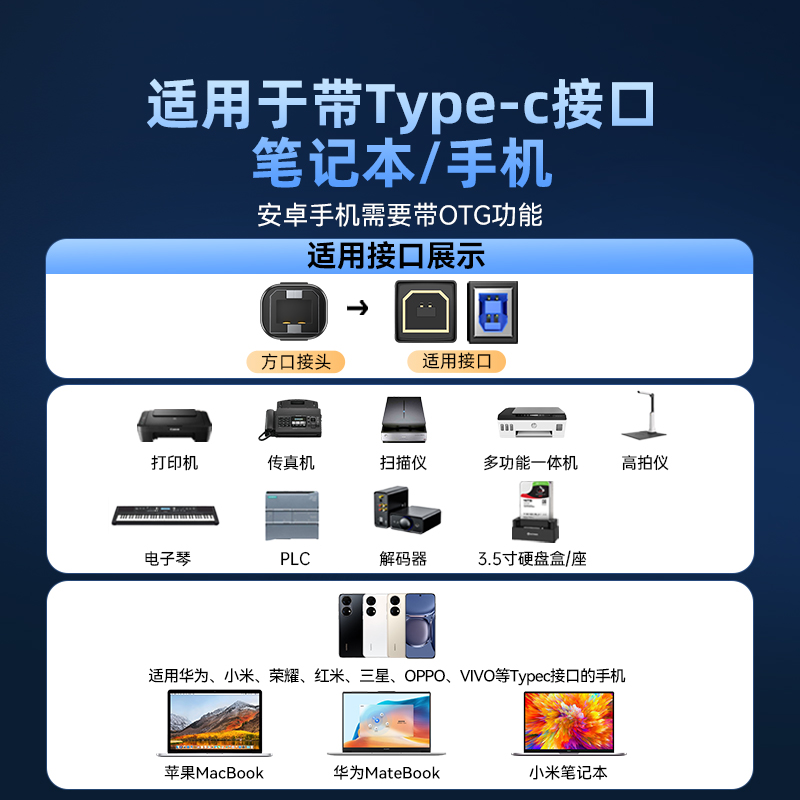 山泽typec手机连打印机数据线转方口连接线midi线otg适用平板笔记本电脑扫描仪电子琴硬盘盒传真机plc转换器-图0