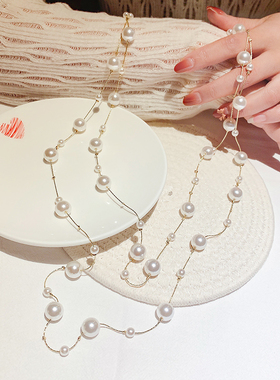 双层珍珠时尚毛衣链项链女网红