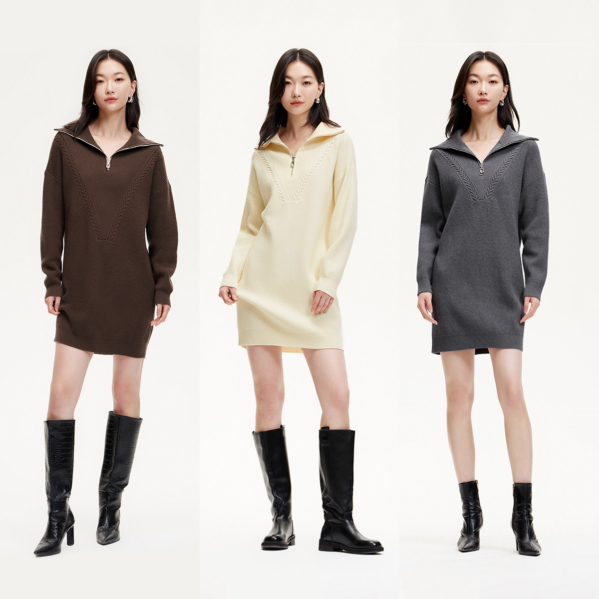 绫致Vero Moda连衣裙女春宽松H版针织翻领落肩慵懒松弛感