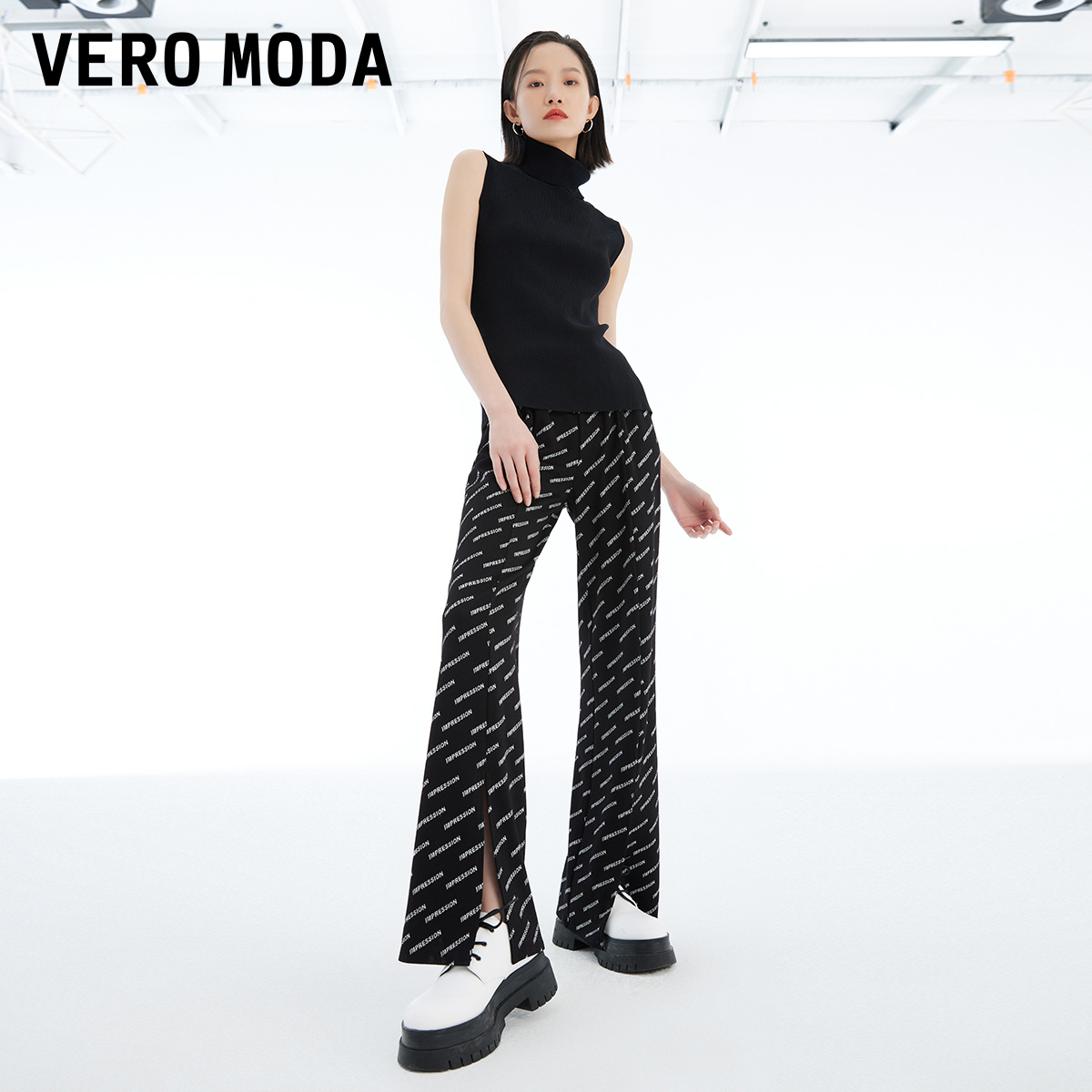 t区绫致Vero Moda裤2023秋冬新款高腰微喇叭裤开叉长裤子女