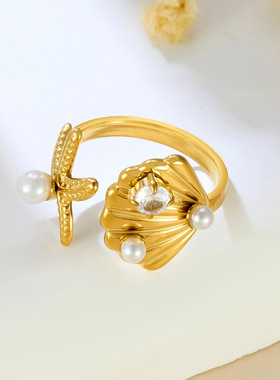 跨境轻奢夏季扇贝镶白珠子不锈钢戒指女 18k金不掉色精致小巧饰品